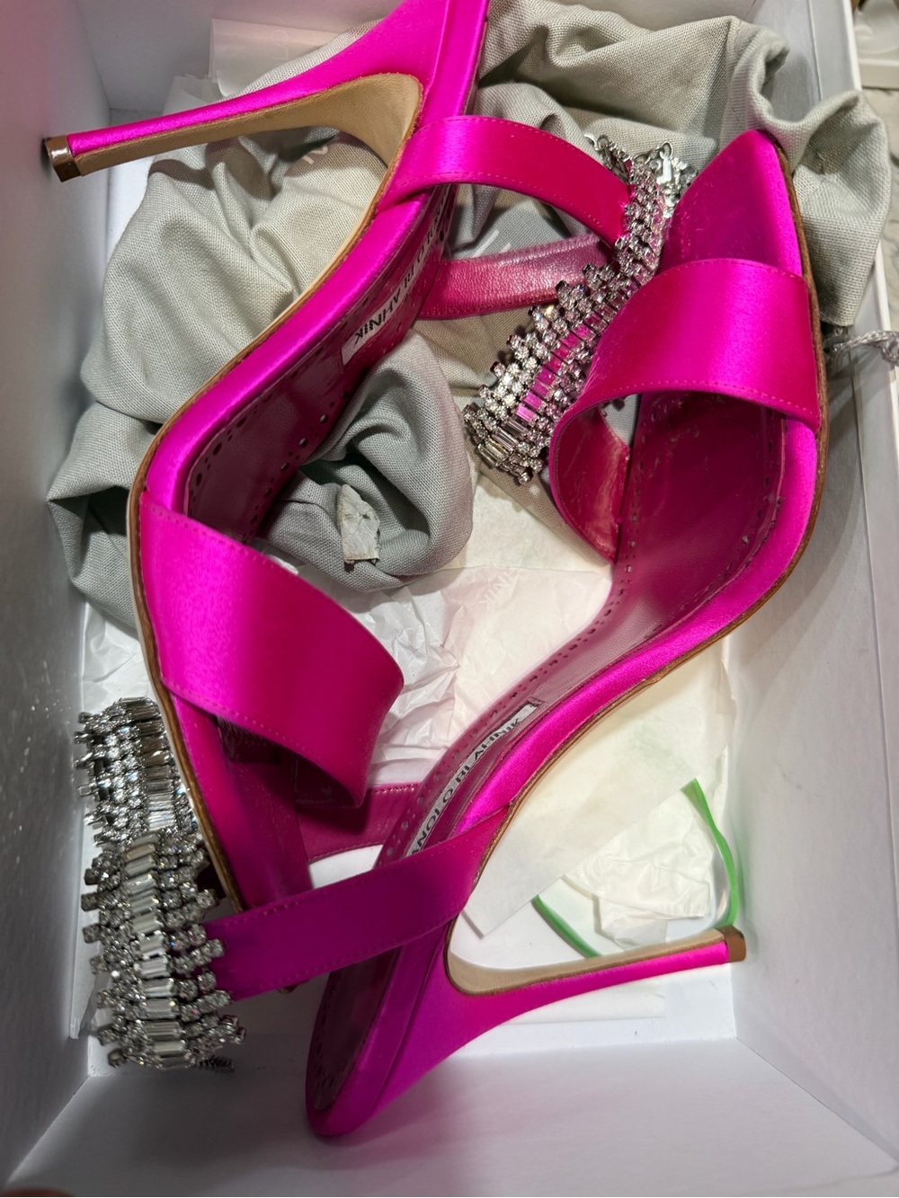Manolo Blahnik Fuchsia Satin Crystal-Ankle Stiletto Sandals